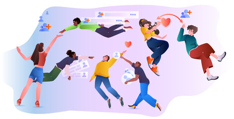 Wall Mural - mix race people in love using dating app men women communicating during virtual meeting social relationships