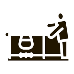 Sticker - human boiling nutrition on camp flame glyph icon vector. human boiling nutrition on camp flame sign. isolated symbol illustration