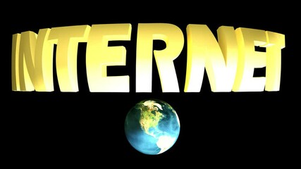 Poster - The write INTERNET, in yellow metallic letters, on black background, over planet Earth rotating - 3D rendering video clip animation - Earth map from NASA