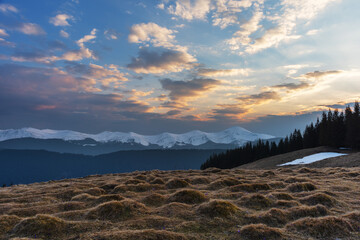 Wall Mural - Beautiful sunrise in the Carpathian mountains with fog and dramatic sky	
