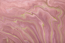 Abstract Fluid Art Background Pink And Golden Colors. Liquid Marble. Acrylic Painting With Lilac Gradient And Splash.