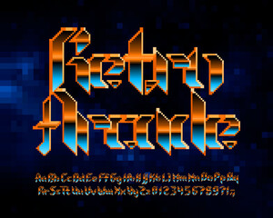 Poster - Retro Arcade alphabet font. Pixel letters, numbers and punctuations in hard rock style. 80s arcade video game typeface.