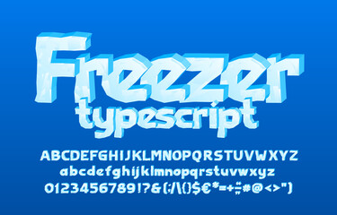 Fototapete - Freezer alphabet font. 3D cartoon ice letters, numbers and punctuation. Uppercase and lowercase. Stock vector typescript for your typography design.