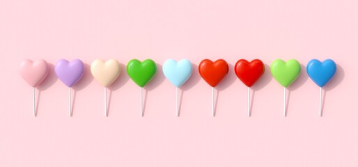 Wall Mural - Colorful hearts candy on pink background. 3D Render. Valentine Concept idea.