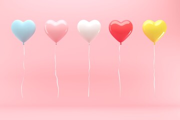 Wall Mural - Outstanding Colorful Heart balloon among with pink hearts balloon floating on pink background. 3D Render. Valentine Concept idea.