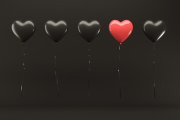 Wall Mural - Outstanding Red Heart balloon among with black hearts balloon floating on black background. 3D Render. Valentine Concept idea.
