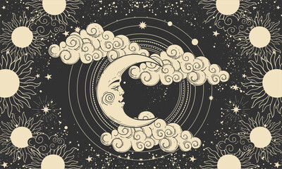 Wall Mural - heavenly banner, crescent moon with a face on a cosmic black background. illustration for astrology,