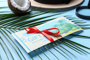 Sticker - Travel gift voucher on color background