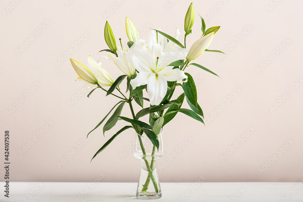 Vase with beautiful lily flowers on table against light background