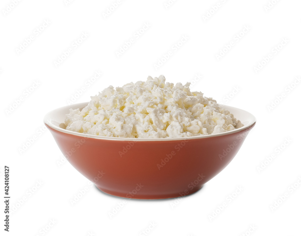 Bowl with cottage cheese on white background
