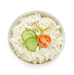 Bowl with cottage cheese on white background