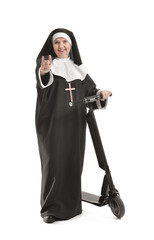 Cool senior nun with scooter on white background