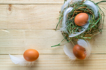 Wall Mural - Natural easter colour eggs in basket with spring tulips, white feathers on wooden table background in Happy Easter decoration. Spring holiday top view concept.