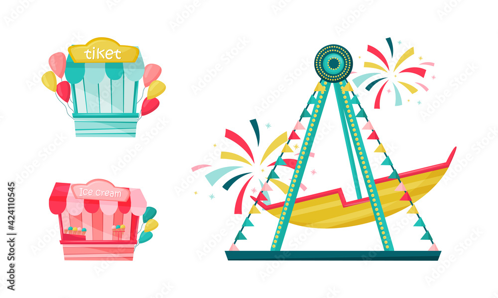 Amusement Park with Ride Attractions for Entertainment Vector Set - obrazy, fototapety, plakaty 