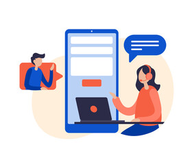 Poster - Contact us concept flat vector illustration. Custumer support online. Female support operator with headset talking with client. Can be used for corporate landing page template