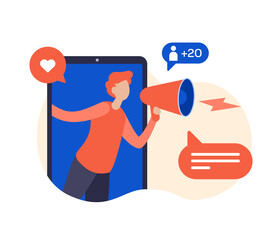 Poster - Follow us concept flat vector illustration for landing page website banner. Internet advertisement. Male cartoon character shouting in megaphone. Network promotion, SMM, Influencer marketing