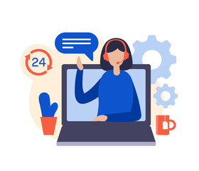 Poster - call center. customer support 24 7. female cartoon character with headset talking. laptop with suppo