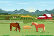 Vector illustration of a horse farm and agriculture. Horse breeding. Summer rural landscape with a farm and horses eating grass. Design elements for infographics, websites and print media