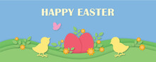 Easter Chicks On Grass, Papercut Easter Egg Hunt Design, Spring Landscape Illustration