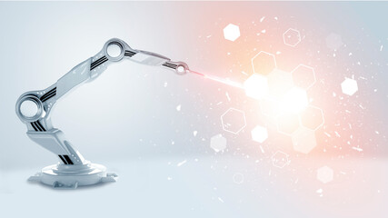 Robotic robot arm, industrial machine with laser beam. Futuristic light background with neon white light shapes. 3D illustration.
