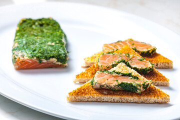 Wall Mural - marinated salmon in dill on toast bread