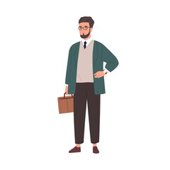 Poster - Portrait of happy smiling businessman holding briefcase. Confident office worker or business manager with suitcase. Colored flat vector illustration of young modern man isolated on white background