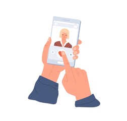 Fototapete - Male hands holding mobile phone and liking woman's profile in dating app. Smartphone display with application for online love dates. Colored flat vector illustration isolated on white background