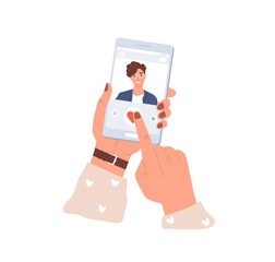 Poster - Female hands holding mobile phone and liking man's photo in dating app. Smartphone screen with application for online love dates. Colored flat vector illustration isolated on white background