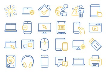 Aufkleber - Mobile device line icons. Laptop, Tablet PC and Smartphone icons. HDD, SSD and Flash drive. Headphones, Printer and tablet device. Mouse, ssd disk, mobile laptop. Memory hdd drive. Vector