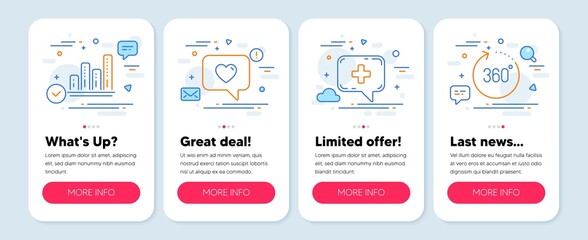 Poster - Set of Technology icons, such as Medical chat, Love message, Graph chart symbols. Mobile screen mockup banners. 360 degrees line icons. Medicine help, Dating service, Growth report. Vector