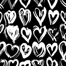 Seamless Pattern Black White Heart Brush Strokes Lines Design, Abstract Simple Scandinavian Style Background Grunge Texture. Trend Of The Season. Can Be Used For Gift Wrap Fabrics, Wallpapers. Vector