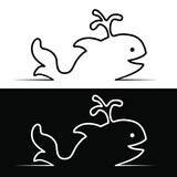 Fototapeta Koty - Drawn linear silhouette of a fish whale on a white and black background for the logo and design 