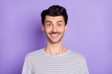 Sticker - Photo of handsome young man beaming smile wear black-and-white striped t-shirt isolated purple background