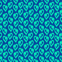 Seamless Pattern Green Blue Heart Brush Strokes Lines Design, Abstract Simple Scandinavian Style Background Grunge Texture. Trend Of The Season. Can Be Used For Gift Wrap Fabrics, Wallpapers. Vector