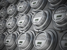 Energy Efficient Smart Electric Meters In A Row. 3D Illustration