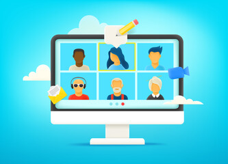 Poster - Video conversation via computer network. Dialog with business team. Remote work