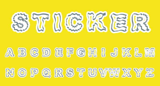 Alphabet sticker. Set of letters stylized as stickers in white and gray colors on a yellow background, font design for a poster, invitation, greeting card. Vector.
