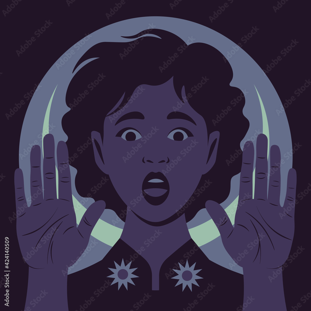 The African young woman with open palms forward. The shocked face. Gesture of stop. Fear and stress. Vector flat illustration - obrazy, fototapety, plakaty 
