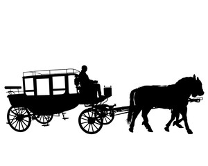  Old carriage with horses goes down the street. Isolated silhouette on white background
