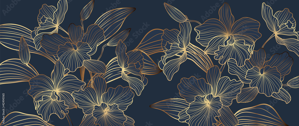 Luxury Gold orchid background vector. Golden orchid line arts design for wallpaper, wall arts, fabric, prints and background texture, Vector illustration. - obrazy, fototapety, plakaty 