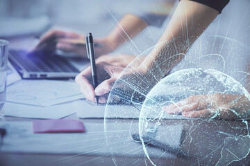 Poster - Double exposure of woman hands typing on computer and social network theme hologram drawing. People media concept.