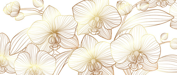 Naklejka na meble Luxury Gold orchid background vector. Golden orchid line arts design for wallpaper, wall arts, fabric, prints and background texture, Vector illustration.