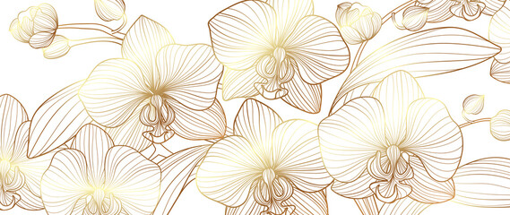 Wall Mural - luxury gold orchid background vector. golden orchid line arts design for wallpaper, wall arts, fabri
