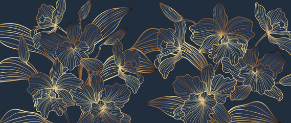 Wall Mural - luxury gold orchid background vector. golden orchid line arts design for wallpaper, wall arts, fabri