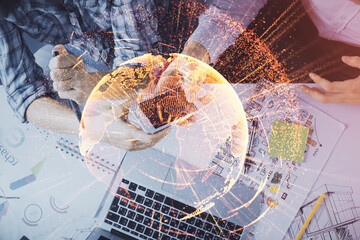 Poster - Double exposure of social network theme drawing and man and woman working together holding and using a mobile device.