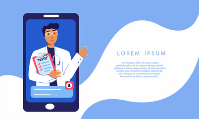 Online medicine mobile app concept. Smiling Male doctor on phone screen. Video conference with physician. Virtual Hospital healthcare service and internet telemedicine Flat vector illustration Poster