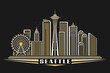 Vector illustration of Seattle, horizontal poster with outline design illuminated seattle city scape, american urban line art concept with decorative lettering for word seattle on dark dusk background