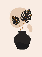 Poster - Modern abstract wall art with black vase and monstera leaves on light background. Vector minimalist hand drawn print in boho style. Mid century design