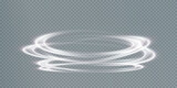 Fototapeta  - Abstract vector light lines swirling in a spiral. Light simulation of line movement. Light trail from the ring. Illuminated podium for promotional products.