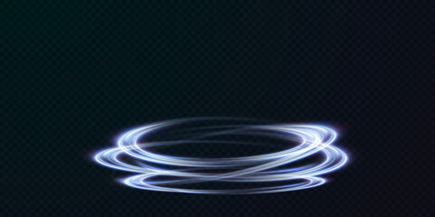 Abstract vector light lines swirling in a spiral. Light simulation of line movement. Light trail from the ring. Illuminated podium for promotional products.